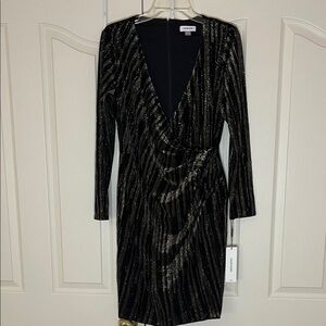 Calvin Klein Black and Gold Long Sleeve Dress
